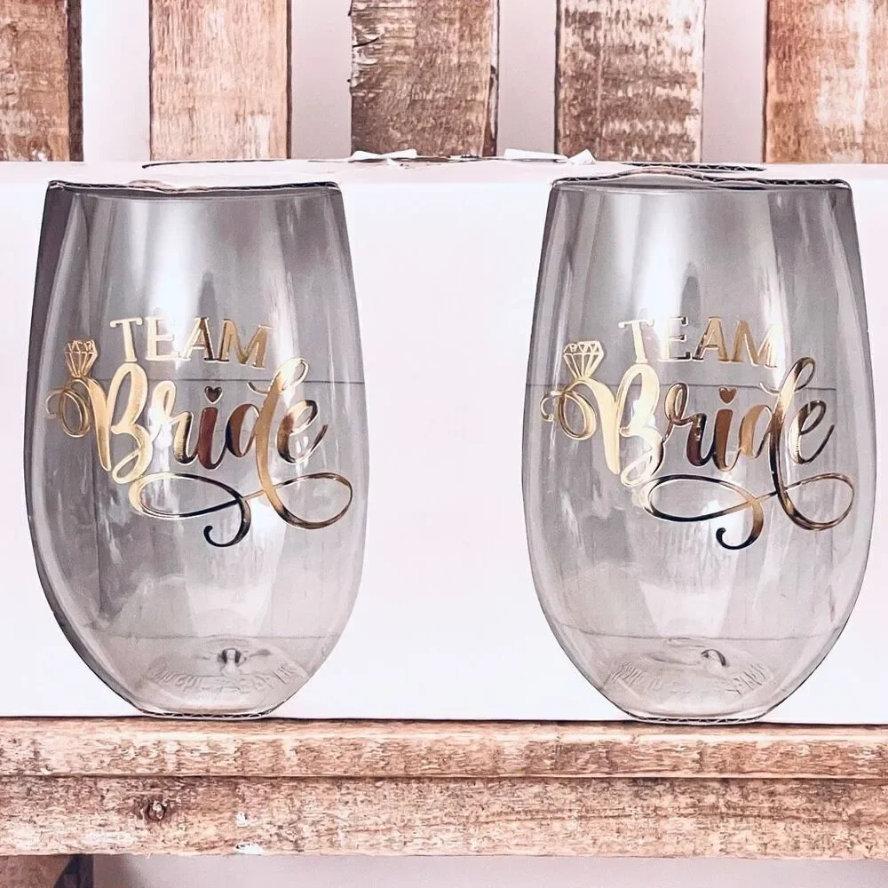 NWT Gorgeous Set of 2 Team Bride 2-Piece Stemless Wine Glass Bridesmaids Perfect